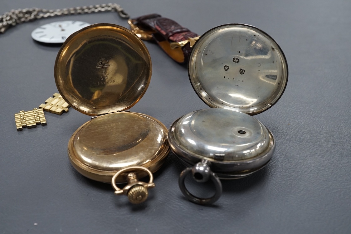 A late Victorian silver open faced keywind pocket watch, together with a Waltham gold plated pocket watch and six other items.